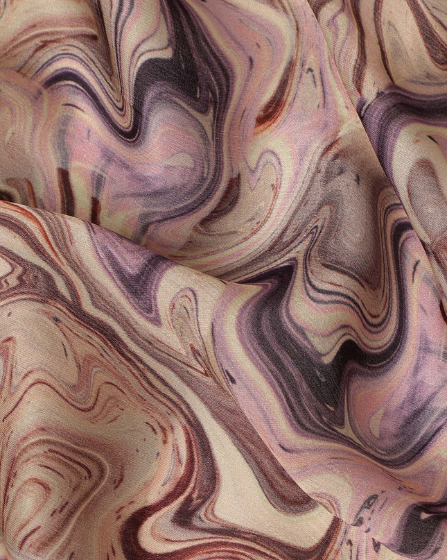 Beige Mauve Abstract Marble Swirl Print Synthetic Satin Fabric, 110 Cms Width, Made in India-D28271 Regal Fabrics