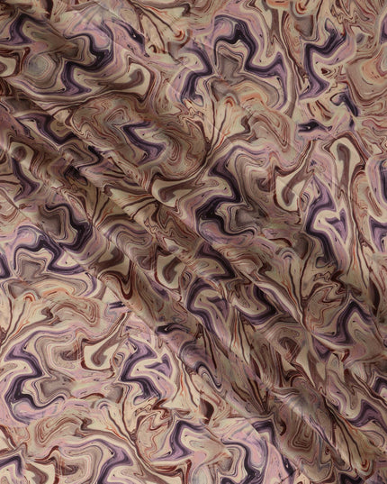 Beige Mauve Abstract Marble Swirl Print Synthetic Satin Fabric, 110 Cms Width, Made in India-D28271 Regal Fabrics