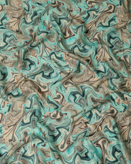 Turquoise Abstract Marble Swirl Print Synthetic Satin Fabric, 110 Cms Width, Made in India-D28273 Regal Fabrics