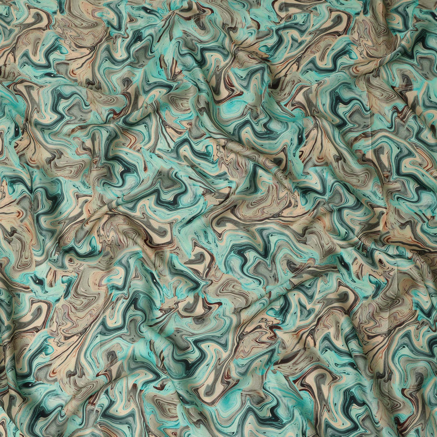 Turquoise Abstract Marble Swirl Print Synthetic Satin Fabric, 110 Cms Width, Made in India-D28273 Regal Fabrics