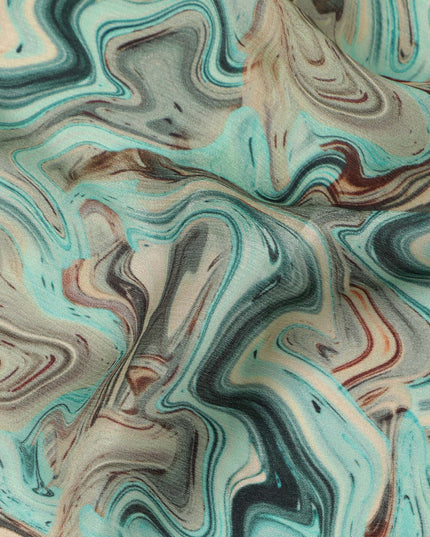 Turquoise Abstract Marble Swirl Print Synthetic Satin Fabric, 110 Cms Width, Made in India-D28273 Regal Fabrics