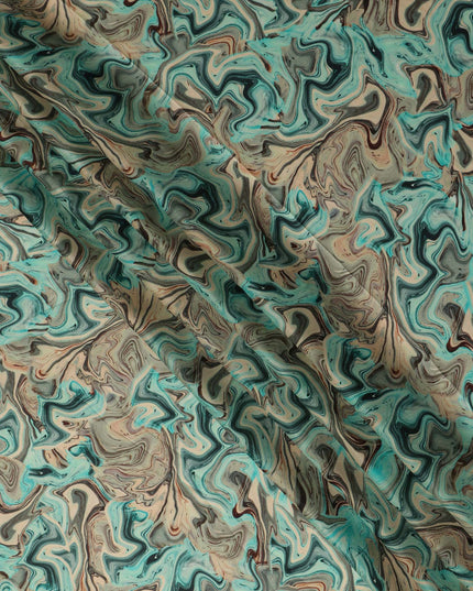 Turquoise Abstract Marble Swirl Print Synthetic Satin Fabric, 110 Cms Width, Made in India-D28273 Regal Fabrics