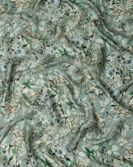 Sage Green Soft Floral Botanical Print Synthetic Satin Fabric, 110 Cms Width, Made in India-D28277 Regal Fabrics