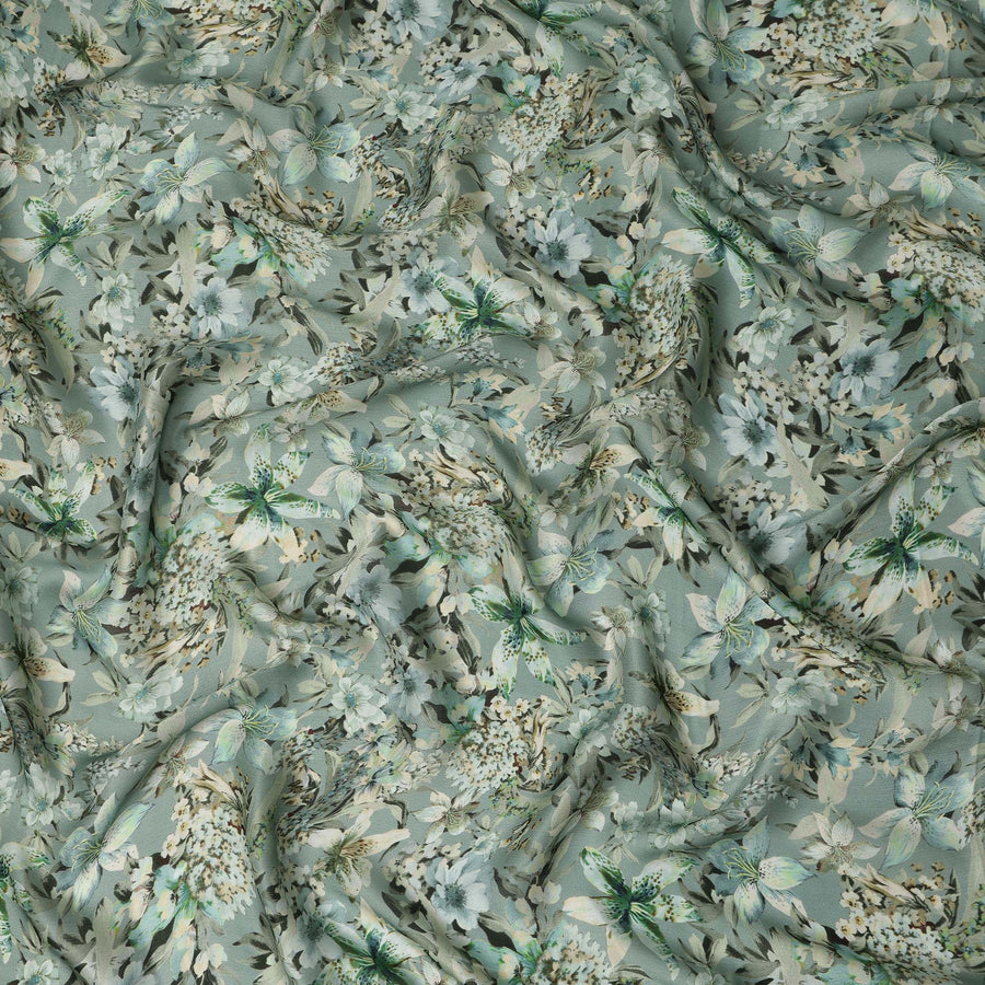 Sage Green Soft Floral Botanical Print Synthetic Satin Fabric, 110 Cms Width, Made in India-D28277 Regal Fabrics
