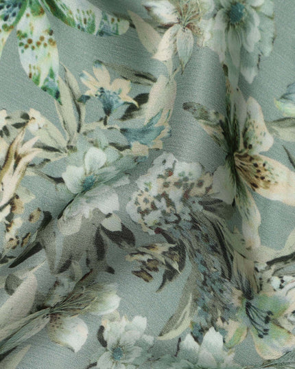 Sage Green Soft Floral Botanical Print Synthetic Satin Fabric, 110 Cms Width, Made in India-D28277 Regal Fabrics