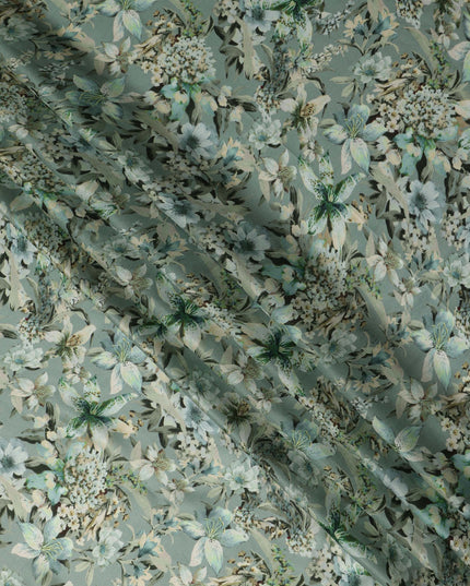 Sage Green Soft Floral Botanical Print Synthetic Satin Fabric, 110 Cms Width, Made in India-D28277 - Regal Fabrics