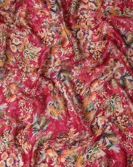 Red Multicolor Bird & Floral Garden Print Synthetic Satin Fabric, 110 Cms Width, Made in India-D28278 Regal Fabrics
