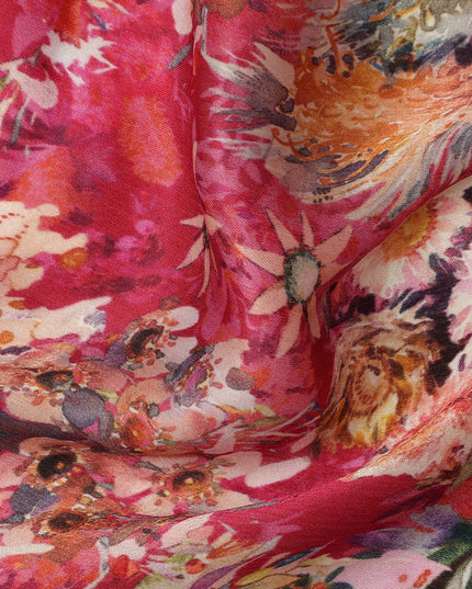 Red Multicolor Bird & Floral Garden Print Synthetic Satin Fabric, 110 Cms Width, Made in India-D28278 Regal Fabrics