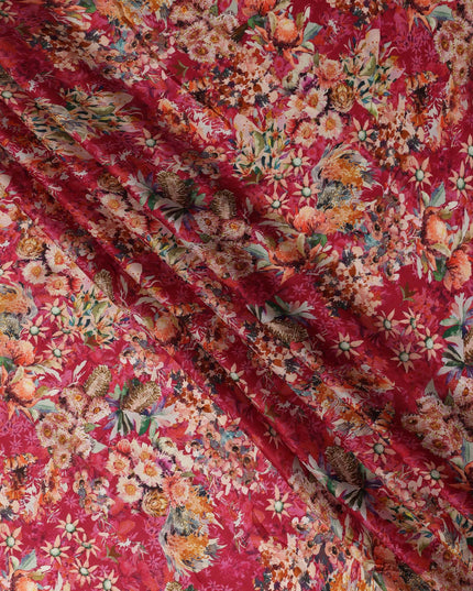 Red Multicolor Bird & Floral Garden Print Synthetic Satin Fabric, 110 Cms Width, Made in India-D28278 Regal Fabrics