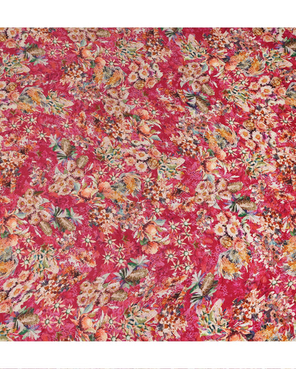 Red Multicolor Bird & Floral Garden Print Synthetic Satin Fabric, 110 Cms Width, Made in India-D28278 - Regal Fabrics
