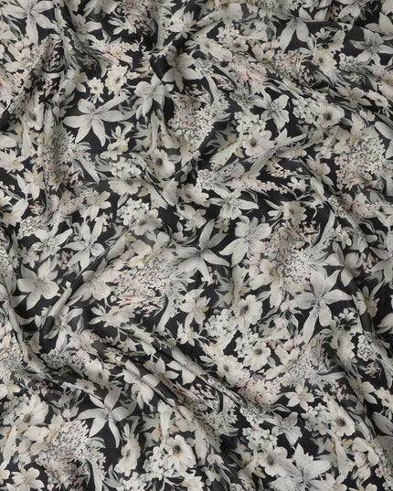 Black Ivory Monochrome Floral Botanical Print Synthetic Satin Fabric, 110 Cms Width, Made in India-D28275 Regal Fabrics