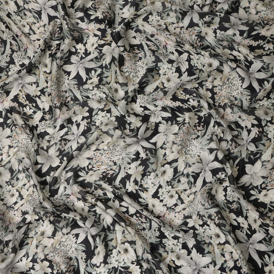 Black Ivory Monochrome Floral Botanical Print Synthetic Satin Fabric, 110 Cms Width, Made in India-D28275 Regal Fabrics
