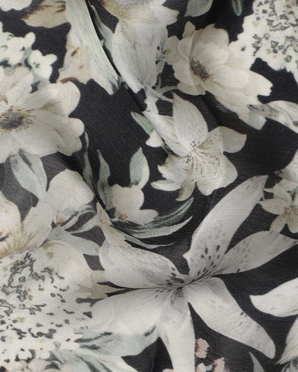 Black Ivory Monochrome Floral Botanical Print Synthetic Satin Fabric, 110 Cms Width, Made in India-D28275 Regal Fabrics
