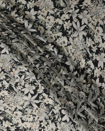 Black Ivory Monochrome Floral Botanical Print Synthetic Satin Fabric, 110 Cms Width, Made in India-D28275 Regal Fabrics