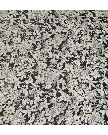 Black Ivory Monochrome Floral Botanical Print Synthetic Satin Fabric, 110 Cms Width, Made in India-D28275 Regal Fabrics