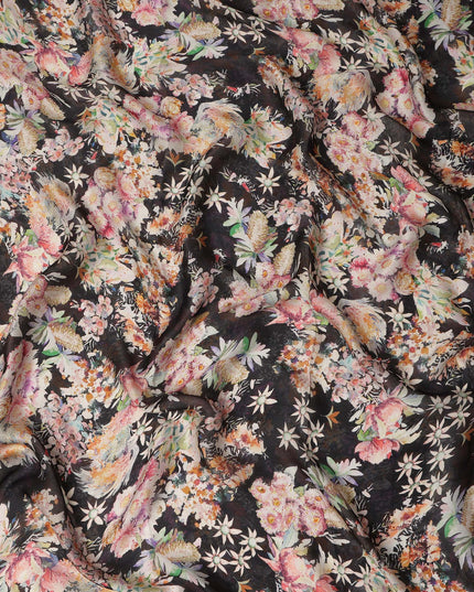 Black Multicolor Bird & Floral Garden Print Synthetic Satin Fabric, 110 Cms Width, Made in India-D28276 Regal Fabrics