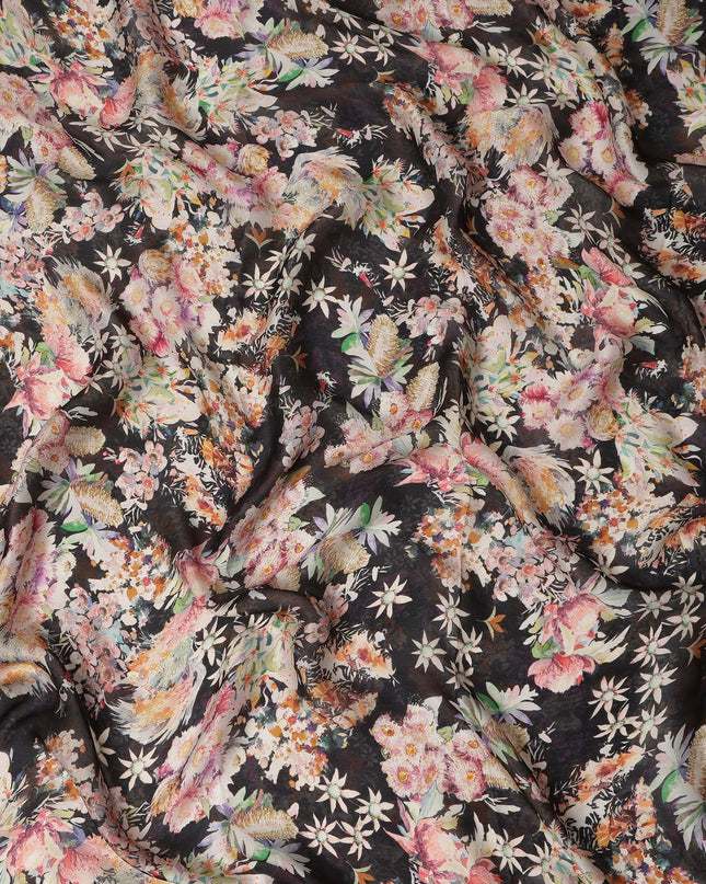 Black Multicolor Bird & Floral Garden Print Synthetic Satin Fabric, 110 Cms Width, Made in India-D28276 Regal Fabrics