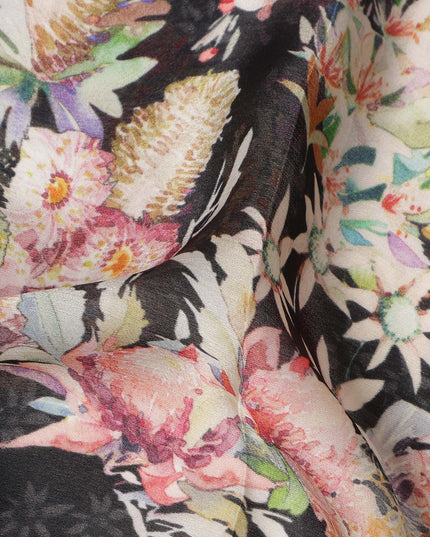 Black Multicolor Bird & Floral Garden Print Synthetic Satin Fabric, 110 Cms Width, Made in India-D28276 Regal Fabrics