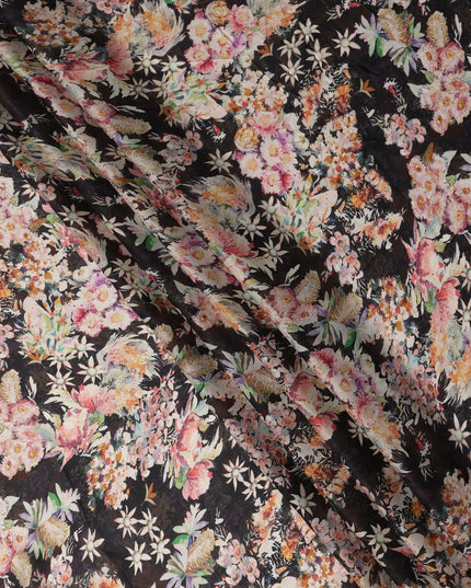 Black Multicolor Bird & Floral Garden Print Synthetic Satin Fabric, 110 Cms Width, Made in India-D28276 Regal Fabrics
