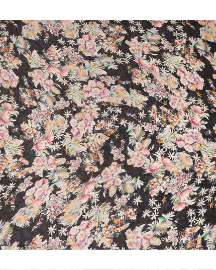 Black Multicolor Bird & Floral Garden Print Synthetic Satin Fabric, 110 Cms Width, Made in India-D28276 Regal Fabrics