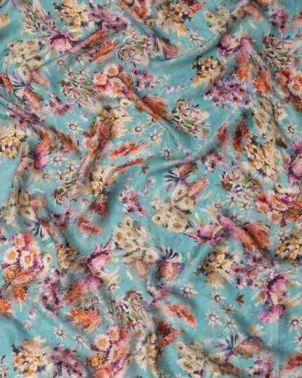 Aqua Multicolor Bird & Floral Garden Print Synthetic Satin Fabric, 110 Cms Width, Made in India-D28274 Regal Fabrics