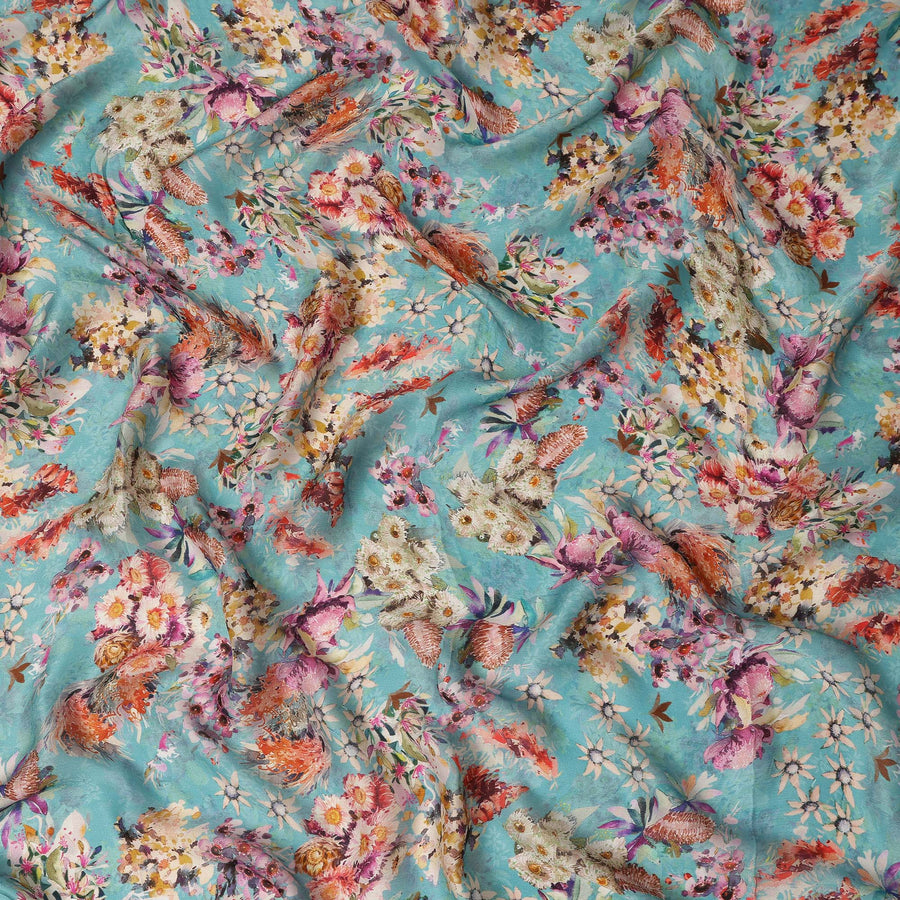 Aqua Multicolor Bird & Floral Garden Print Synthetic Satin Fabric, 110 Cms Width, Made in India-D28274 Regal Fabrics