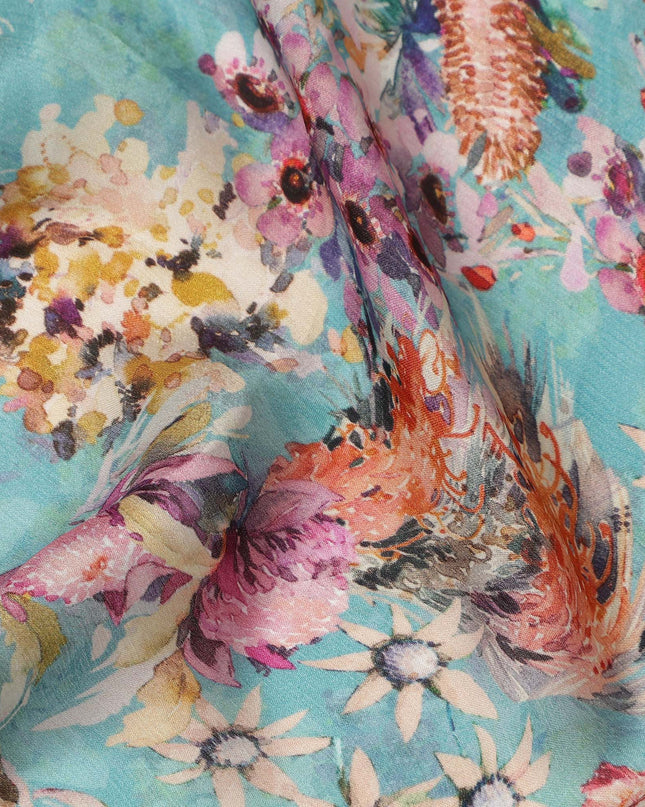 Aqua Multicolor Bird & Floral Garden Print Synthetic Satin Fabric, 110 Cms Width, Made in India-D28274 Regal Fabrics