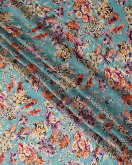 Aqua Multicolor Bird & Floral Garden Print Synthetic Satin Fabric, 110 Cms Width, Made in India-D28274 Regal Fabrics