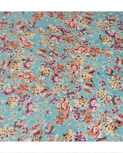 Aqua Multicolor Bird & Floral Garden Print Synthetic Satin Fabric, 110 Cms Width, Made in India-D28274 Regal Fabrics