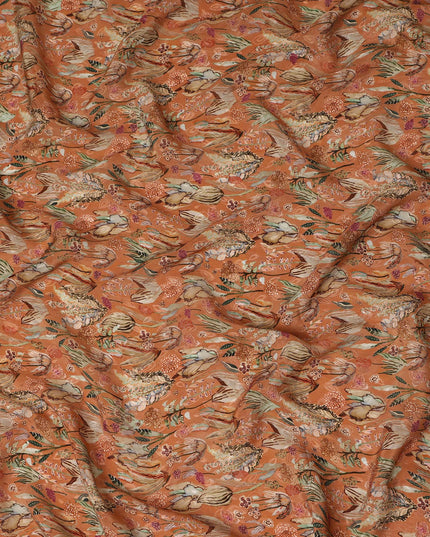 Orange Bird & Floral Nature Print Viscose Crepe Fabric, 110 Cms Width, Made in India-D28255 Regal Fabrics