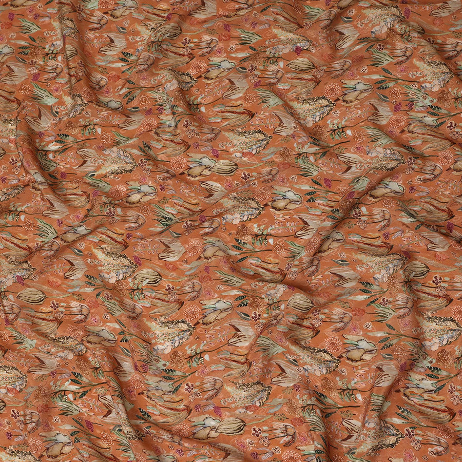 Orange Bird & Floral Nature Print Viscose Crepe Fabric, 110 Cms Width, Made in India-D28255 Regal Fabrics