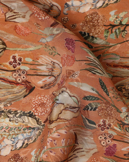 Orange Bird & Floral Nature Print Viscose Crepe Fabric, 110 Cms Width, Made in India-D28255 Regal Fabrics