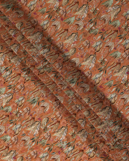 Orange Bird & Floral Nature Print Viscose Crepe Fabric, 110 Cms Width, Made in India-D28255 Regal Fabrics