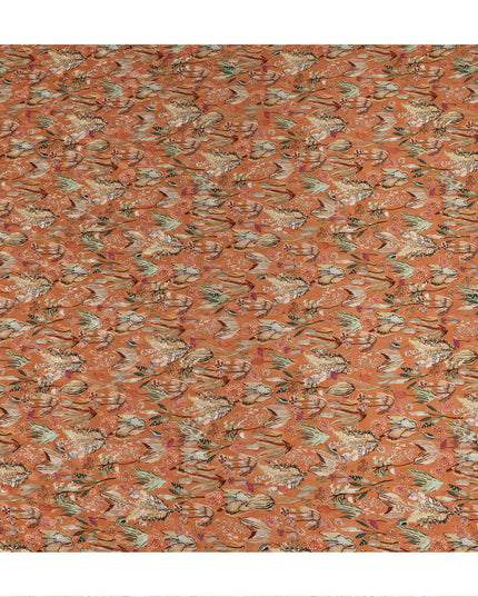 Orange Bird & Floral Nature Print Viscose Crepe Fabric, 110 Cms Width, Made in India-D28255 Regal Fabrics