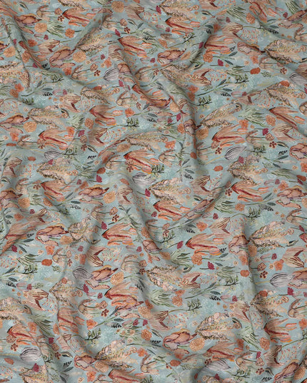 Light Blue Bird & Floral Nature Print Viscose Crepe Fabric, 110 Cms Width, Made in India-D28256 Regal Fabrics
