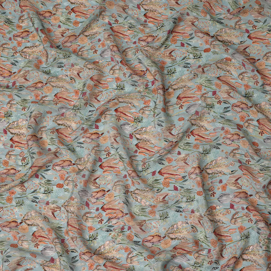 Light Blue Bird & Floral Nature Print Viscose Crepe Fabric, 110 Cms Width, Made in India-D28256 Regal Fabrics