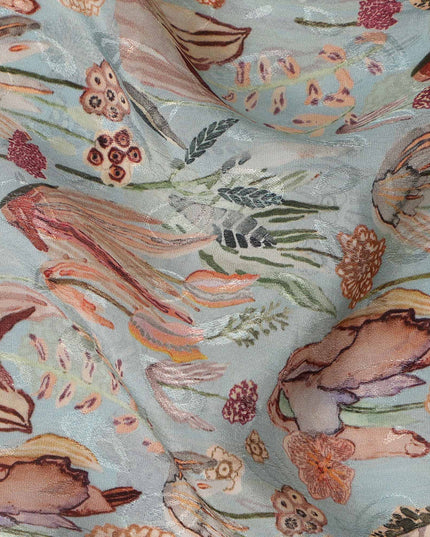 Light Blue Bird & Floral Nature Print Viscose Crepe Fabric, 110 Cms Width, Made in India-D28256 Regal Fabrics