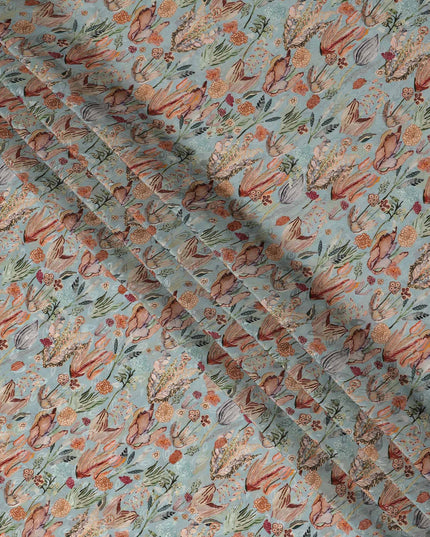 Light Blue Bird & Floral Nature Print Viscose Crepe Fabric, 110 Cms Width, Made in India-D28256 Regal Fabrics