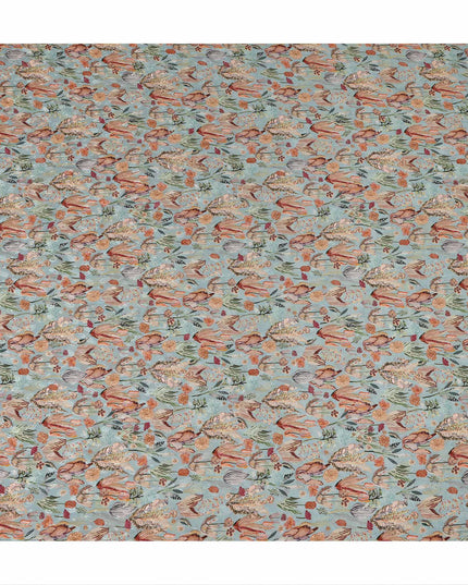 Light Blue Bird & Floral Nature Print Viscose Crepe Fabric, 110 Cms Width, Made in India-D28256 Regal Fabrics
