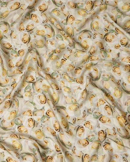 Cream Yellow Rose Floral Printed Cotton Satin Fabric 110 Cms Width India-D27982 - Regal Fabrics