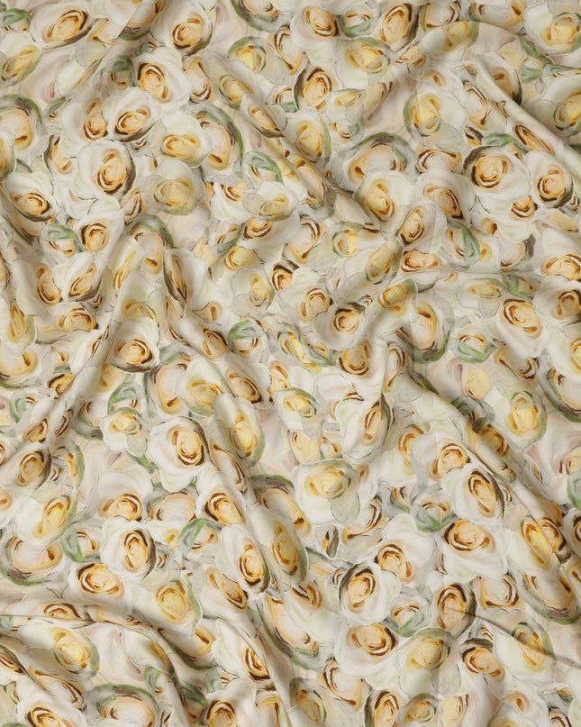 Cream Yellow Rose Floral Printed Cotton Satin Fabric 110 Cms Width India-D27982 - Regal Fabrics