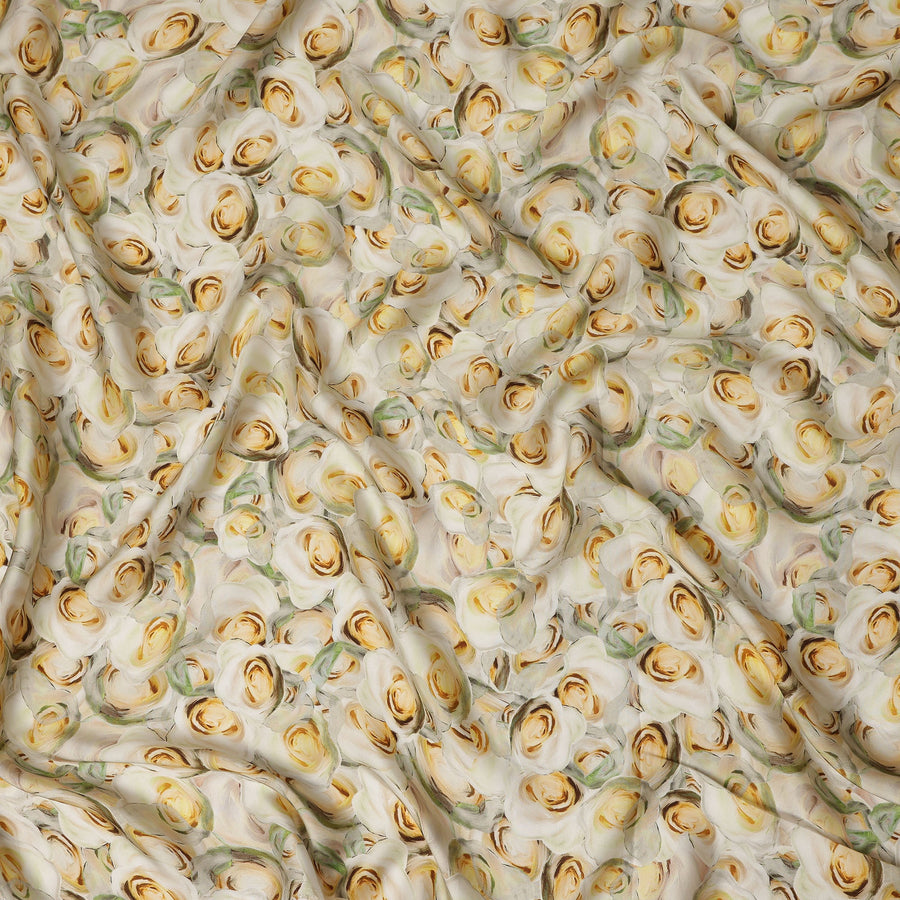 Cream Yellow Rose Floral Printed Cotton Satin Fabric 110 Cms Width India-D27982 - Regal Fabrics