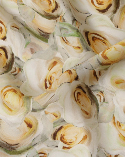 Cream Yellow Rose Floral Printed Cotton Satin Fabric 110 Cms Width India-D27982 - Regal Fabrics