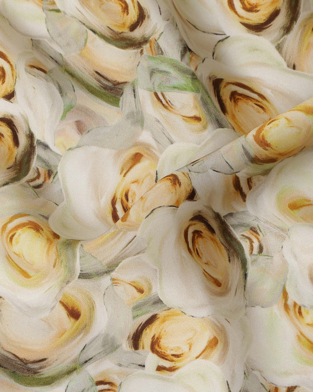 Cream Yellow Rose Floral Printed Cotton Satin Fabric 110 Cms Width India-D27982 - Regal Fabrics
