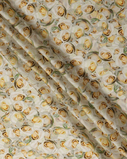 Cream Yellow Rose Floral Printed Cotton Satin Fabric 110 Cms Width India-D27982 - Regal Fabrics