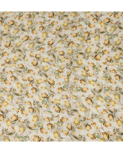 Cream Yellow Rose Floral Printed Cotton Satin Fabric 110 Cms Width India-D27982 - Regal Fabrics