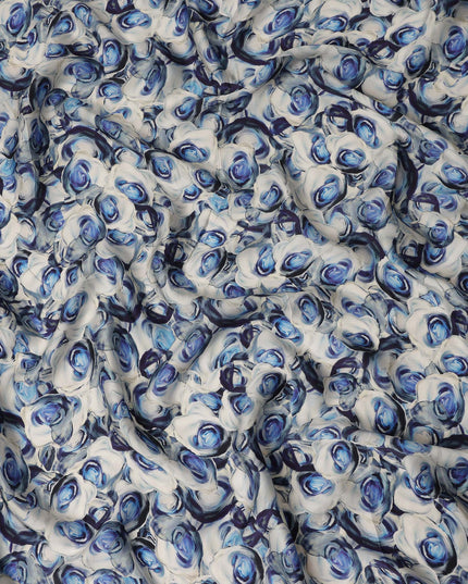 White Blue Abstract Rose Printed Cotton Satin Fabric 110 Cms Width India-D27981 - Regal Fabrics