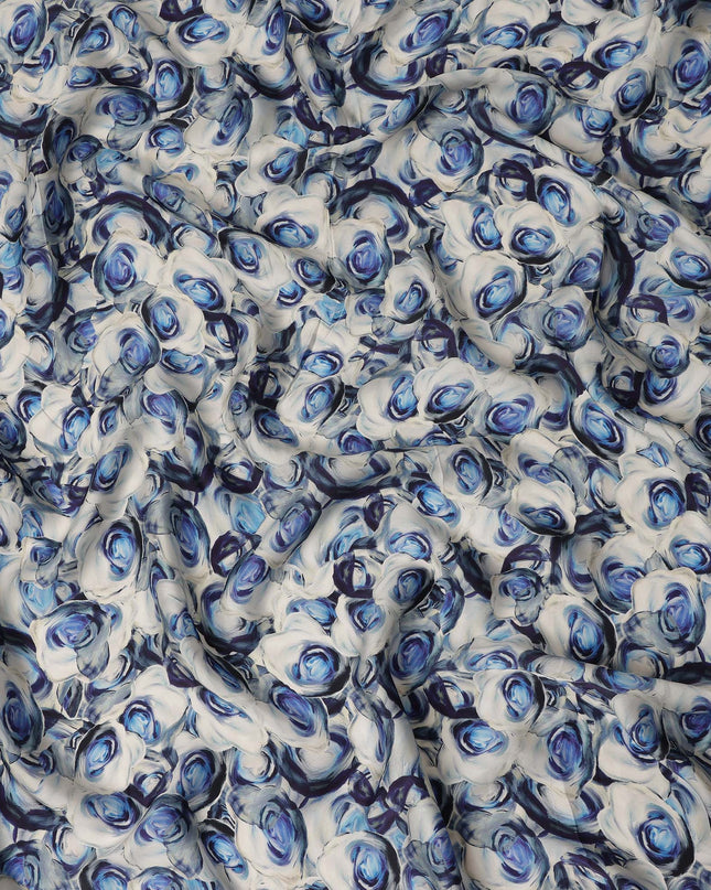 White Blue Abstract Rose Printed Cotton Satin Fabric 110 Cms Width India-D27981 - Regal Fabrics