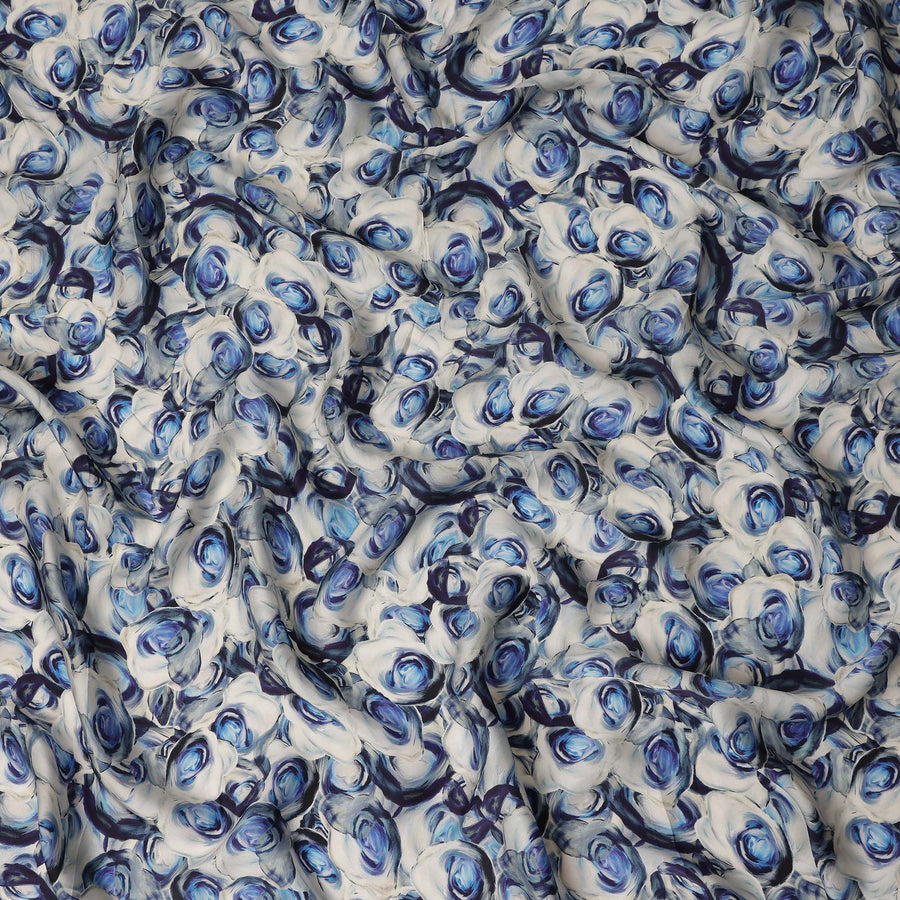 White Blue Abstract Rose Printed Cotton Satin Fabric 110 Cms Width India-D27981 - Regal Fabrics