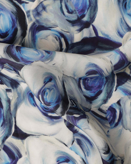 White Blue Abstract Rose Printed Cotton Satin Fabric 110 Cms Width India-D27981 - Regal Fabrics